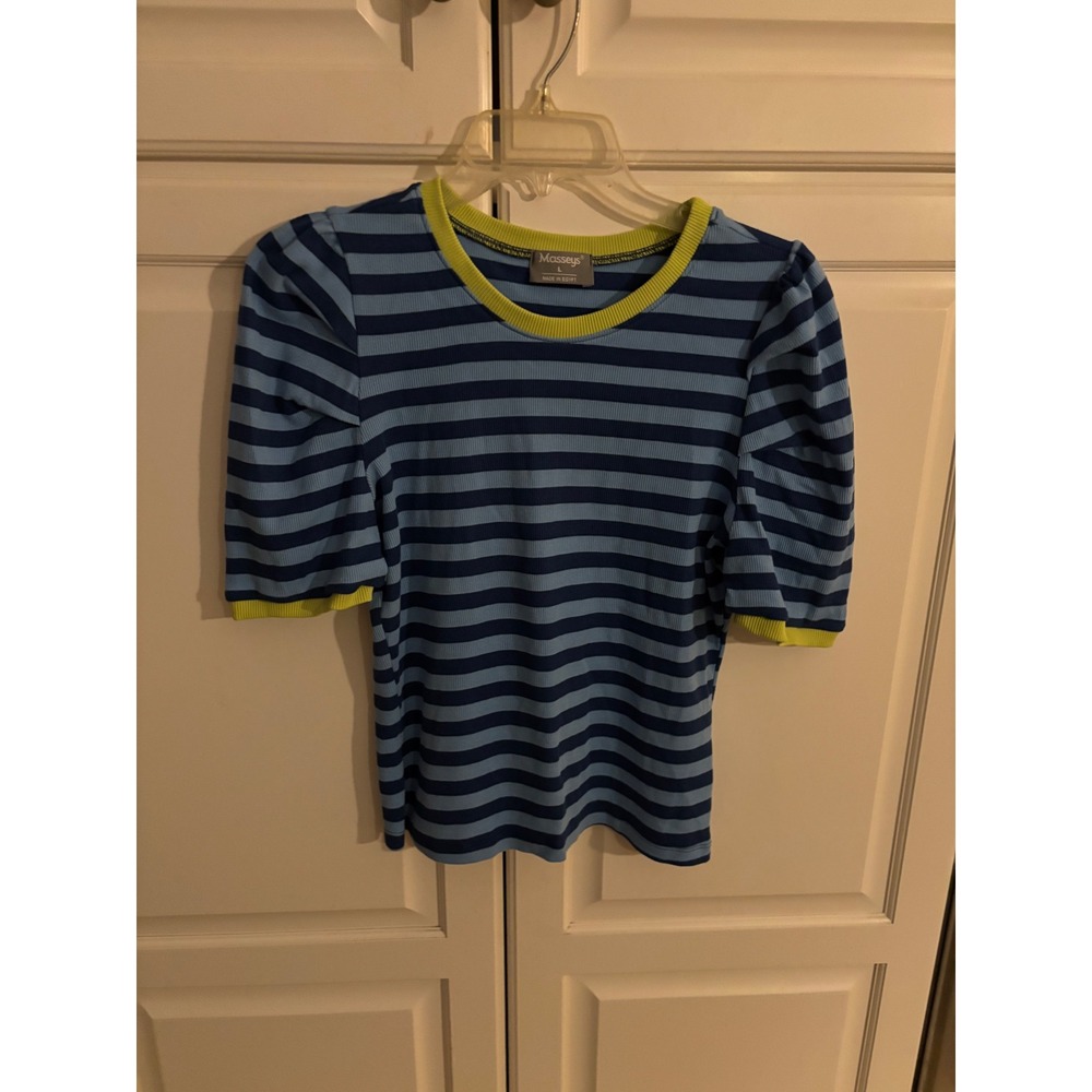 Mossimo Blue Striped Puff Sleeve Tee with Neon Yellow Trim
